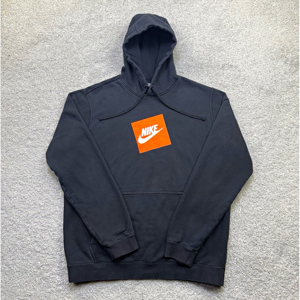 Nike Men Black Orange Box Logo Pullover Hoodie Sweatshirt CD9247-010 Size L
